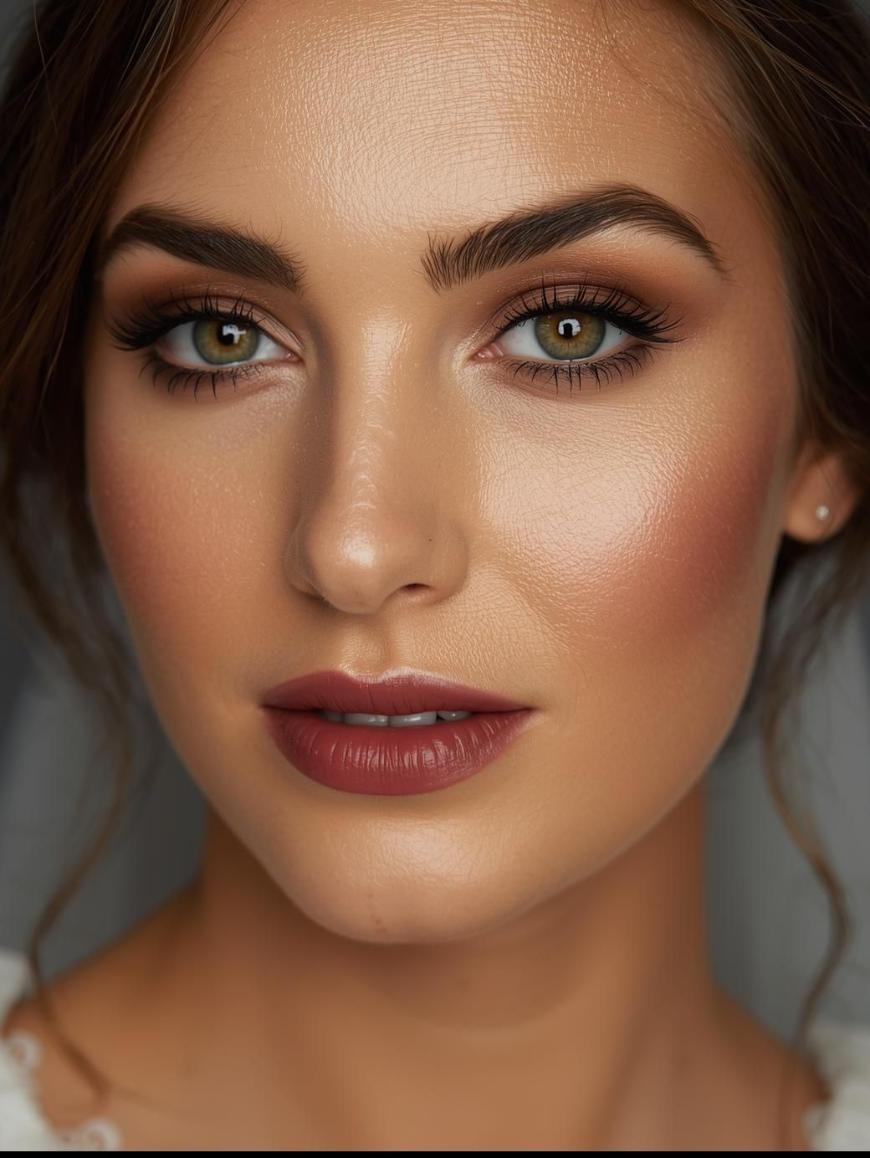 A close-up of a woman with flawless makeup, well-defined eyebrows, hazel eyes, voluminous lashes, contoured cheeks, and matte maroon lipstick, looking directly at the camera with a neutral expression.