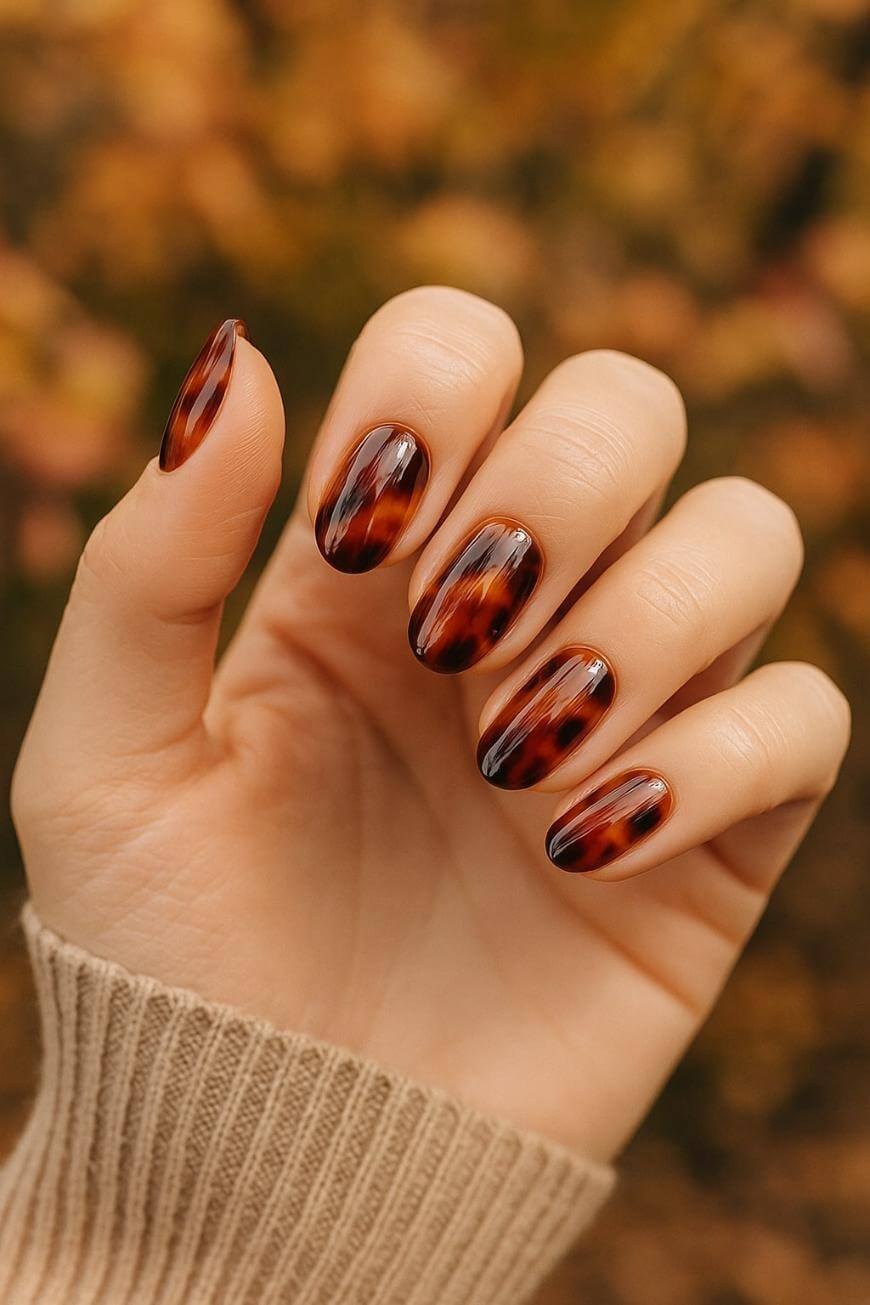 A hand with almond-shaped nails painted in a glossy tortoiseshell pattern, set against a blurred background of autumn-colored foliage. The person is wearing a beige ribbed sweater.