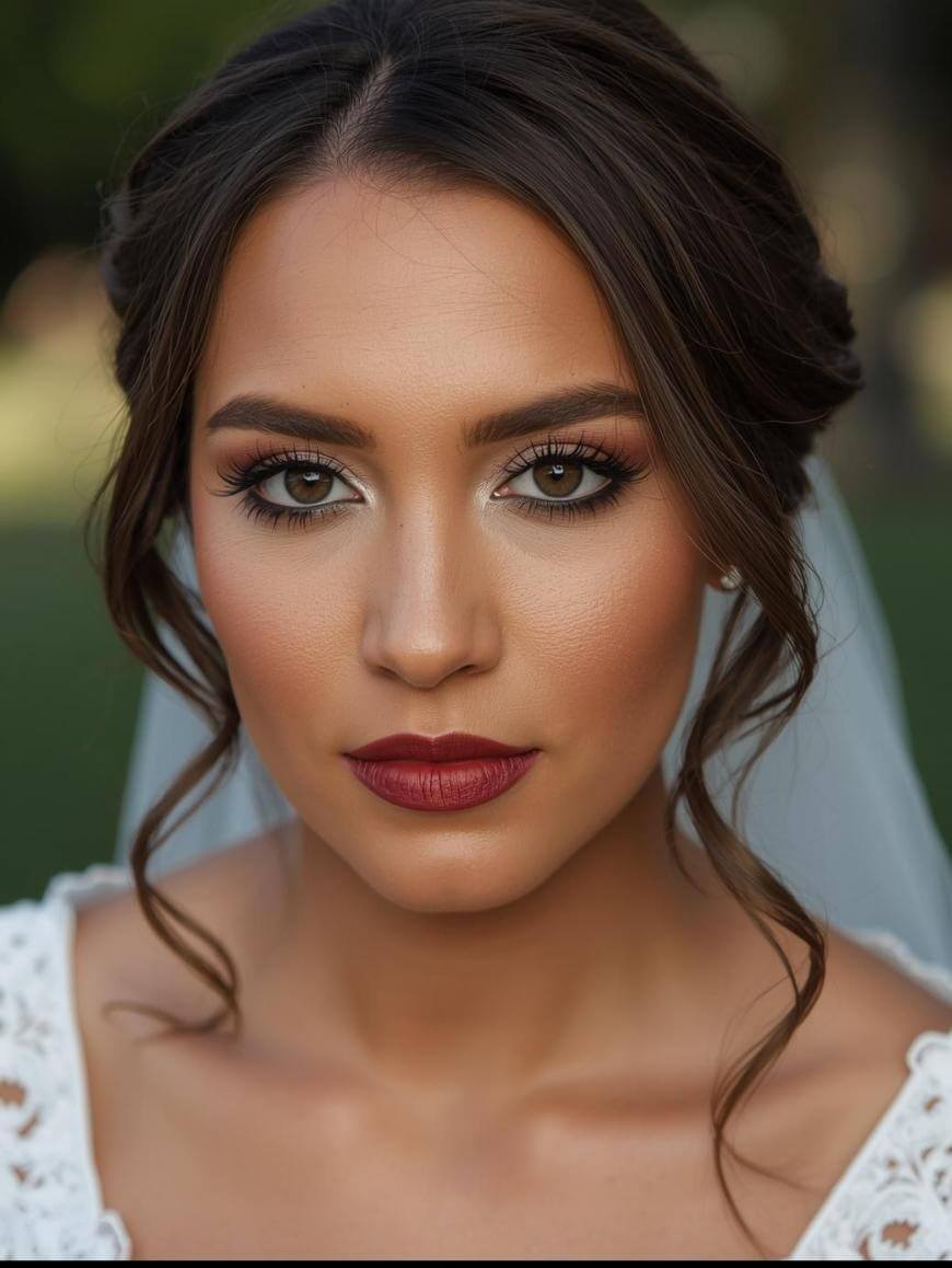 A woman with brown hair styled in an elegant updo, wearing natural makeup with bold red lipstick and defined eyes, gazes directly at the camera. She is dressed in white, possibly as a bride, with a blurred green background.