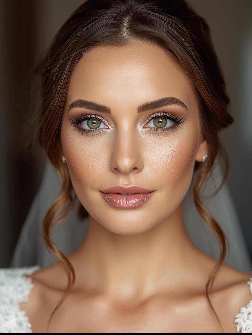 A woman with glowing skin, wavy brown hair, and green eyes, wearing subtle makeup and pearl earrings, looks directly at the camera. She has a soft smile and is dressed in a white lace outfit, possibly a bridal gown.