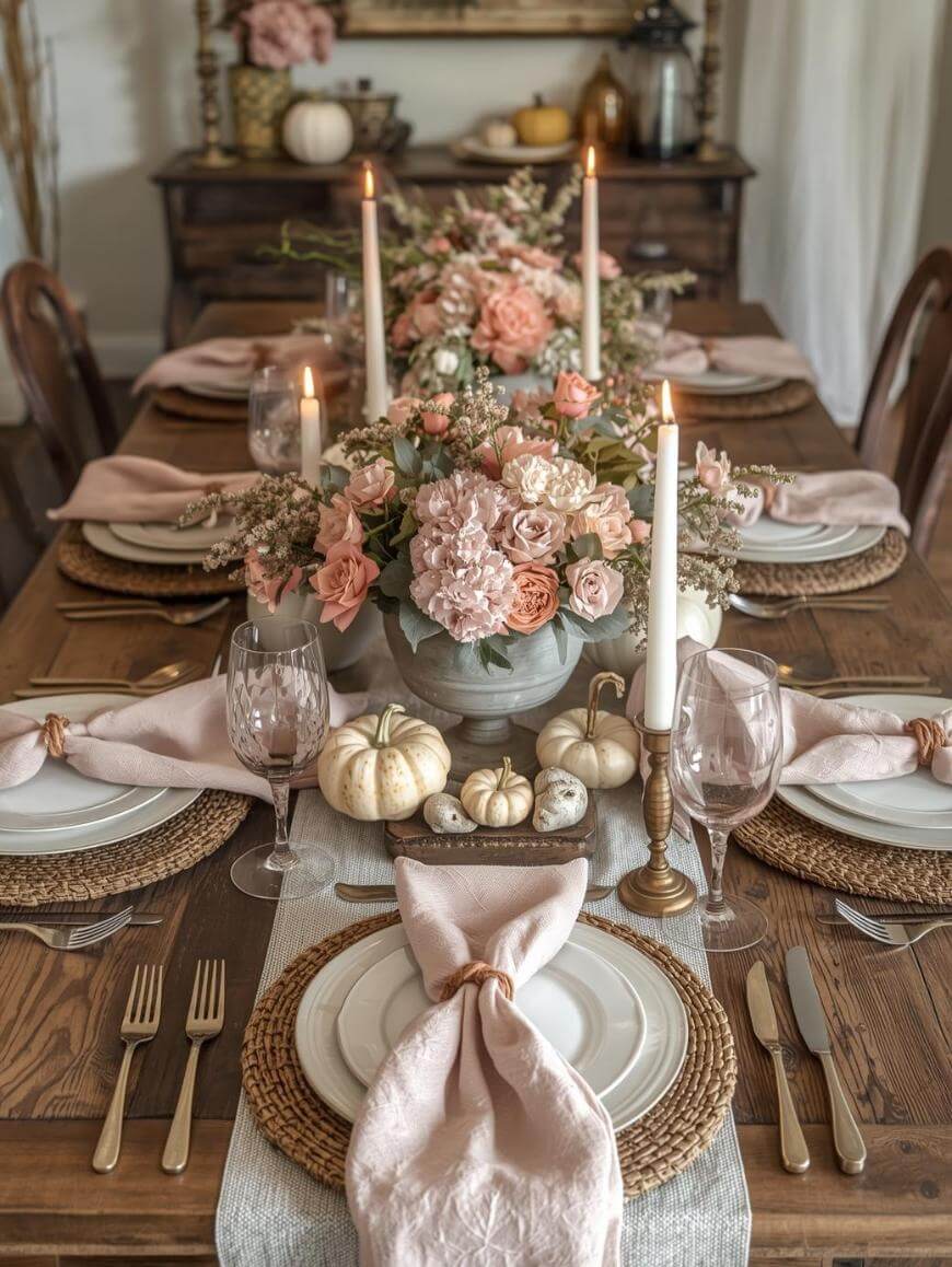 A rustic dining table set for a meal, decorated with pink napkins, white plates, gold cutlery, floral centerpieces with pink flowers, white mini pumpkins, and lit taper candles, creating an elegant, autumnal atmosphere.