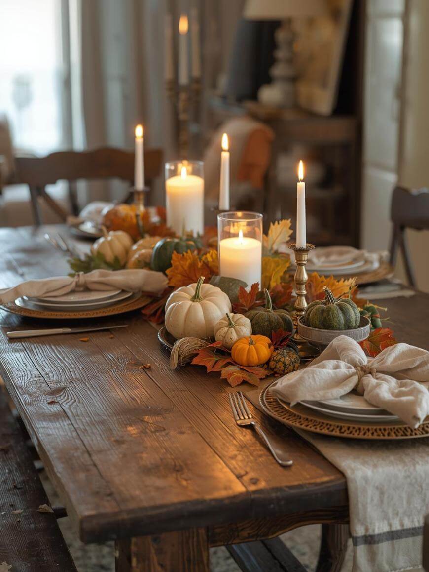 A rustic wooden dining table is set for a meal with white plates, beige napkins, and silver cutlery. The centerpiece features lit candles, small pumpkins, gourds, pinecones, and autumn leaves, creating a cozy fall atmosphere.