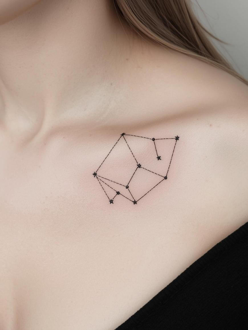 A minimalist tattoo of a geometric constellation with small black stars and thin lines is inked on a womans upper chest, near the collarbone, against fair skin and partially covered by a black top.