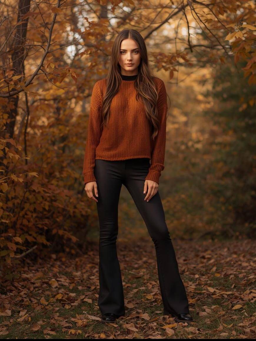 A woman with long brown hair stands in a forest surrounded by autumn leaves, wearing a rust-colored sweater and black pants. The background is filled with trees and golden foliage.