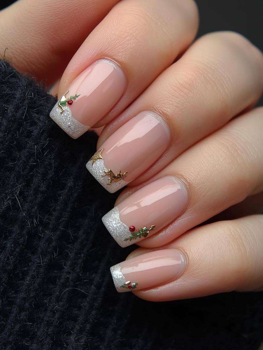 A hand with square-shaped nails featuring a sparkly silver French tip design, small gold holly leaf decals, and red and green accents, resting against a black textured fabric.