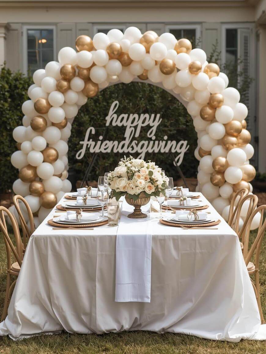An outdoor Friendsgiving table is set with elegant place settings, a floral centerpiece, and gold-accented decor. Behind the table is a white and gold balloon arch with a sign that reads “happy Friendsgiving.”.