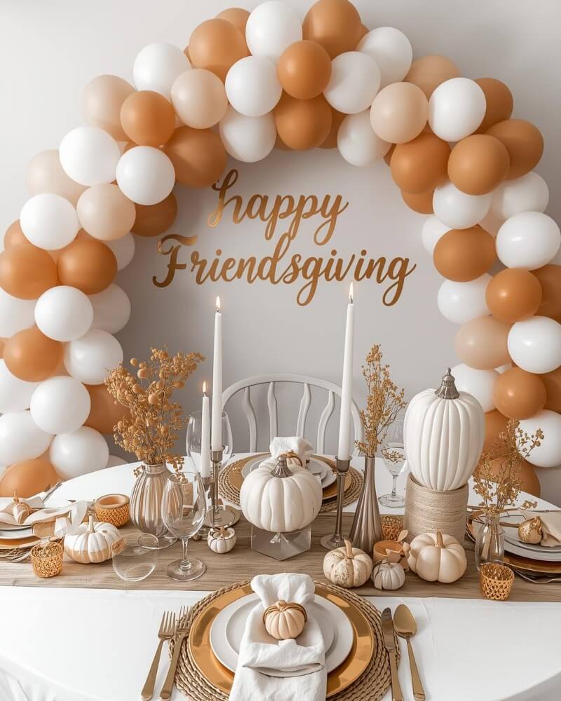 A beautifully decorated Friendsgiving table with white and tan pumpkins, gold accents, candles, and a balloon arch in white and tan. “Happy Friendsgiving” is written on the wall behind the festive setup.