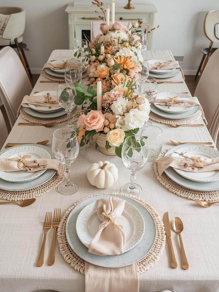 Elegant dining table set for a meal with pastel floral centerpiece, gold cutlery, white plates, beige napkins with gold rings, crystal glasses, and a small white pumpkin as decoration.