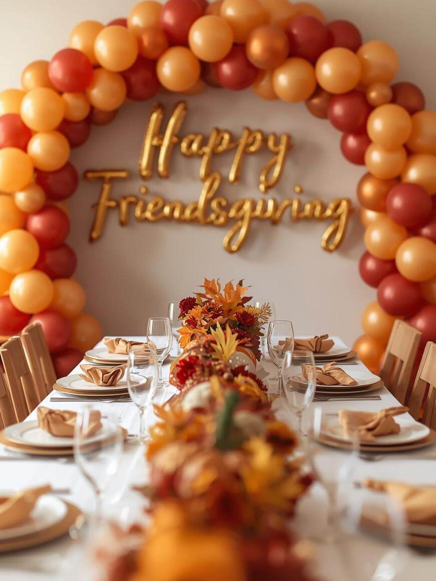 A festive table set for Friendsgiving with autumn-themed decor, surrounded by orange and gold balloons forming an arch, and Happy Friendsgiving in gold letters on the wall behind.
