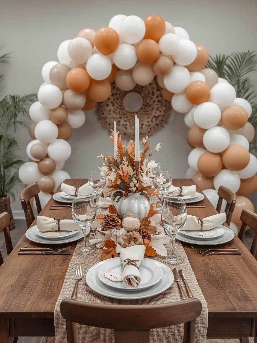 A wooden dining table set for six with white plates, beige napkins, and autumn-themed centerpieces. Behind the table is an arch made of white, cream, and tan balloons. Green plants are visible in the background.