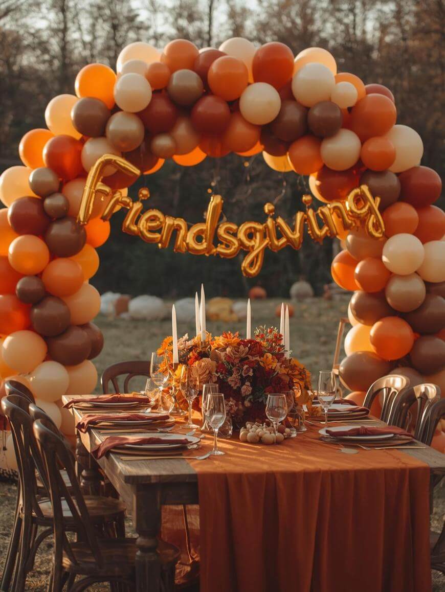 A festive outdoor table set for Friendsgiving, decorated with orange, brown, and cream balloons forming an arch with a Friendsgiving sign and autumn flowers as the centerpiece.