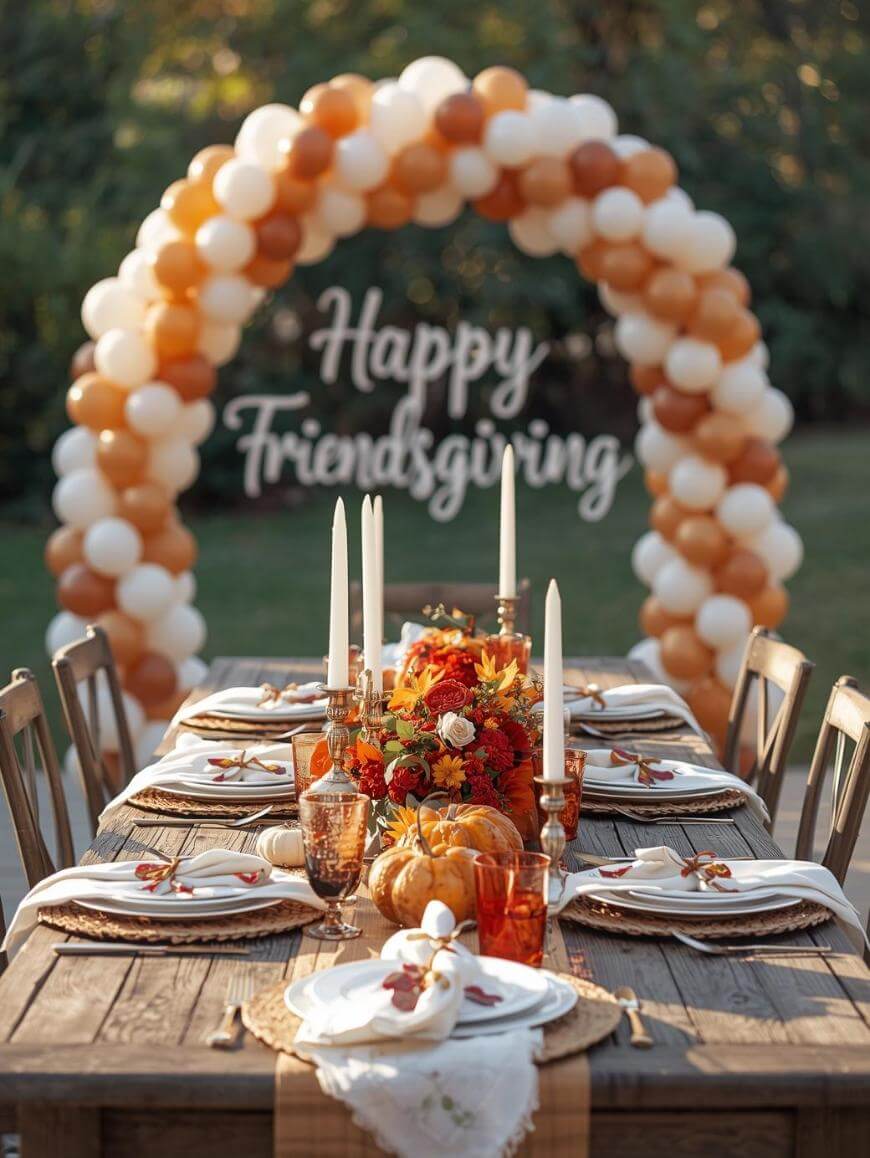 A rustic outdoor table is set for Friendsgiving with autumn-themed decorations, candles, pumpkins, and flowers. In the background, a balloon arch with fall colors frames a “Happy Friendsgiving” sign.