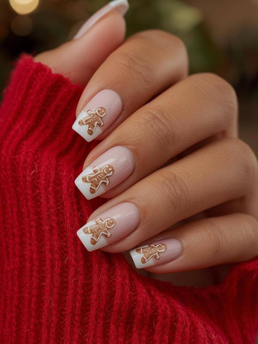 A hand with long, square-shaped nails featuring French tips and gingerbread man designs on each nail, partially covered by a red knit sweater.