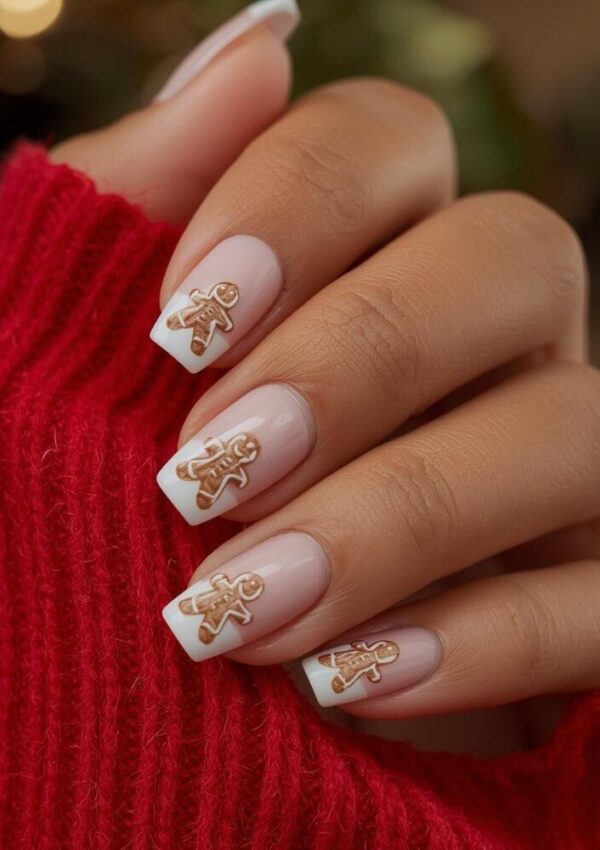 A hand with square-shaped nails featuring white tips and cute gingerbread man designs, shown against a red knit sweater.