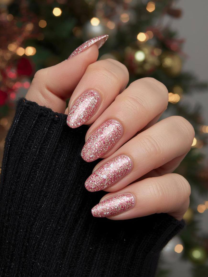 A hand with long, almond-shaped nails painted with pink glittery polish, shown against a blurred background of Christmas lights and tree decorations. The person is wearing a black sweater.