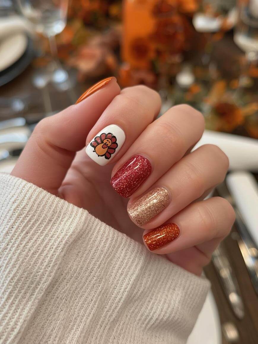A hand with manicured nails, featuring a turkey design on the white nail, and the other nails painted in shimmery red, gold, and copper colors. The hand is resting on a white sleeve.