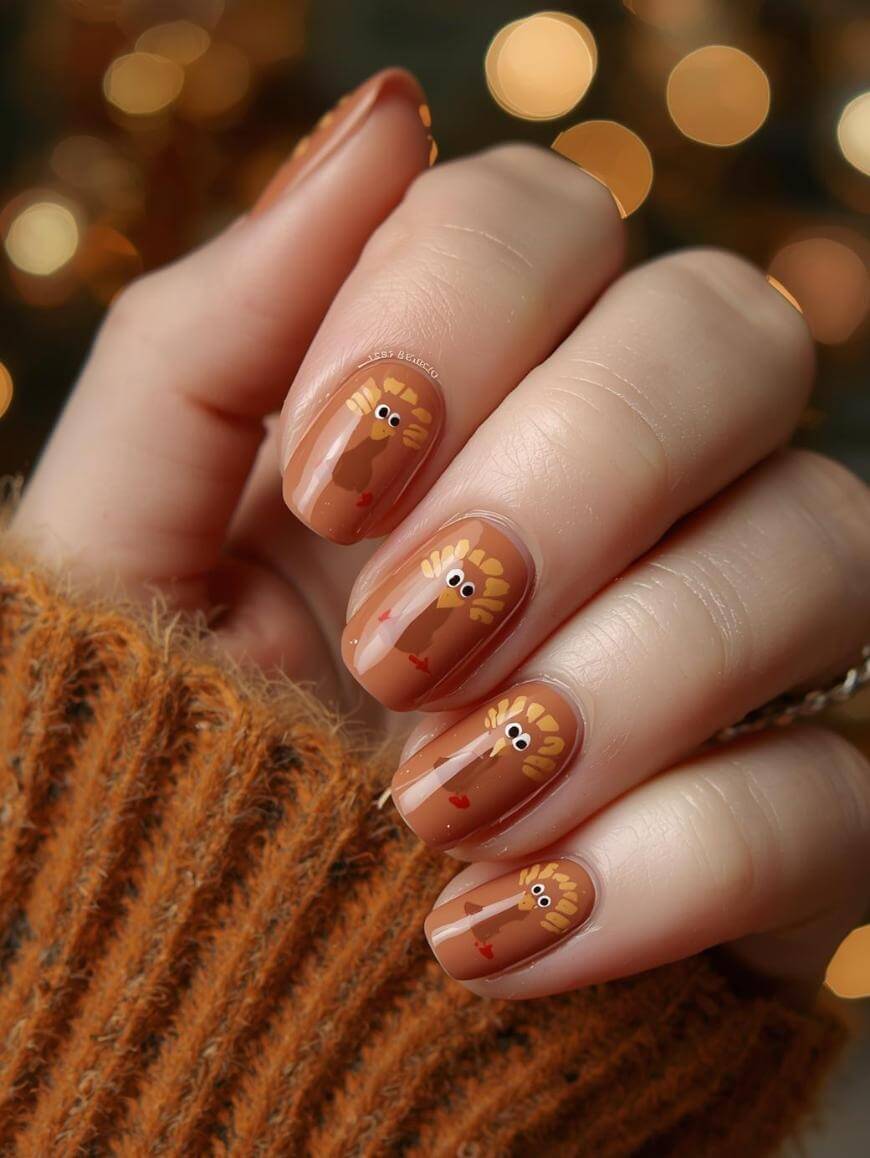 A hand with manicured nails features cute turkey designs on each nail in brown, orange, and yellow tones, complementing a cozy brown sweater. The background has warm, blurred lights.