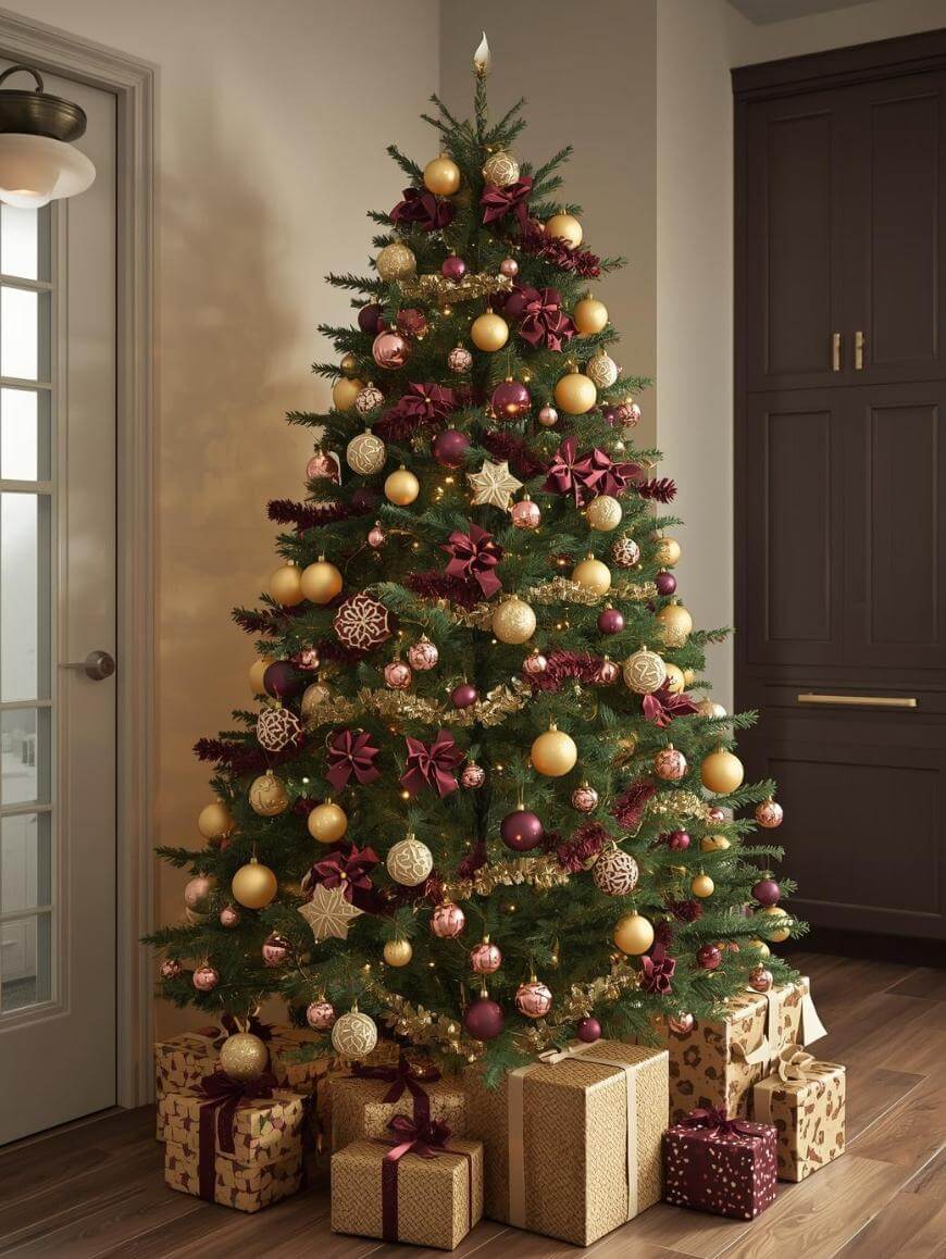 A decorated Christmas tree with gold and burgundy ornaments stands in a living room, surrounded by wrapped gifts with ribbons and patterns. Warm lighting creates a festive, cozy atmosphere.