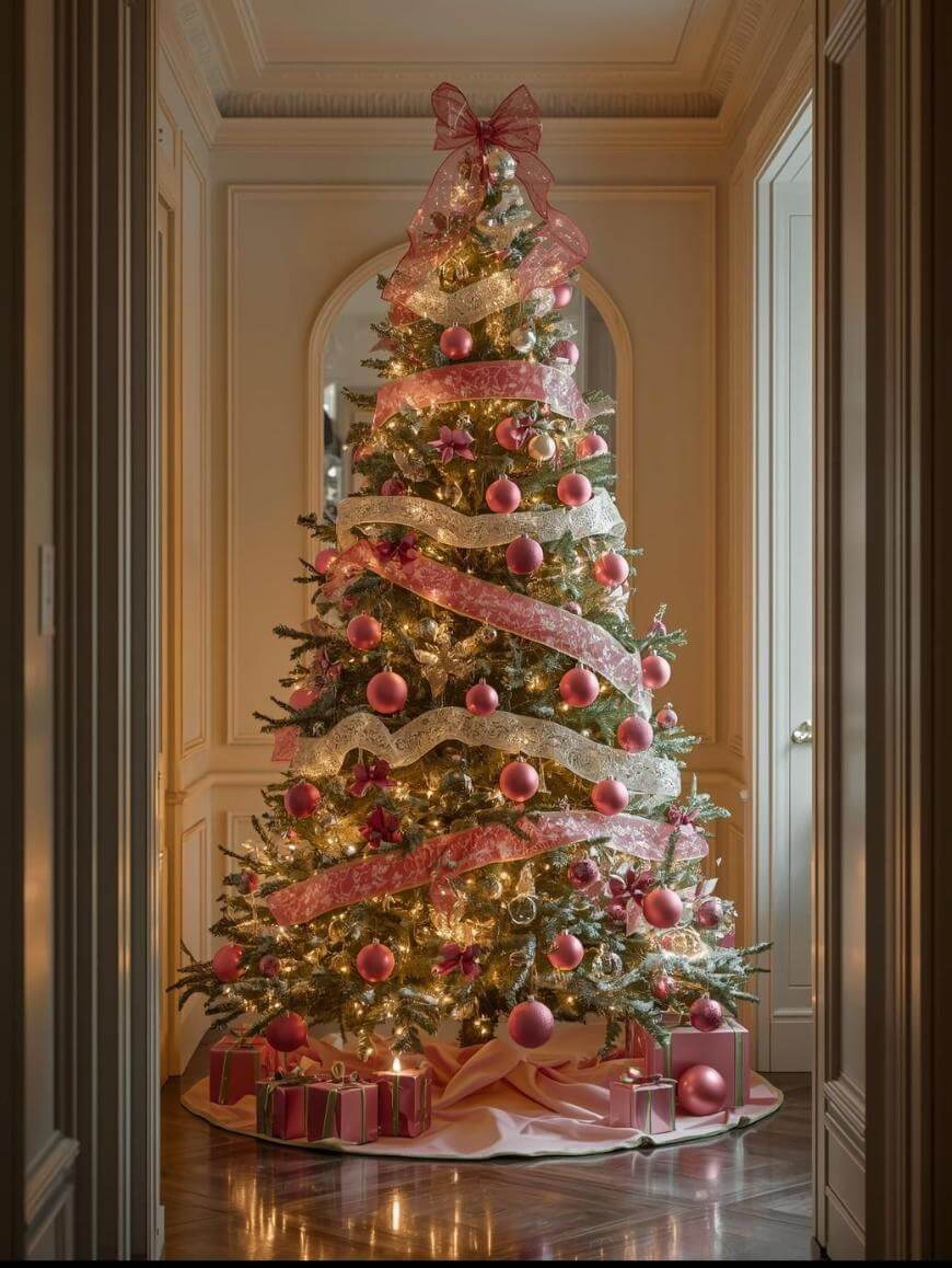 A decorated Christmas tree with pink and gold ornaments, pink and white ribbon garlands, and a pink bow topper stands in a warmly lit room. Wrapped presents sit beneath the tree on a pink tree skirt.