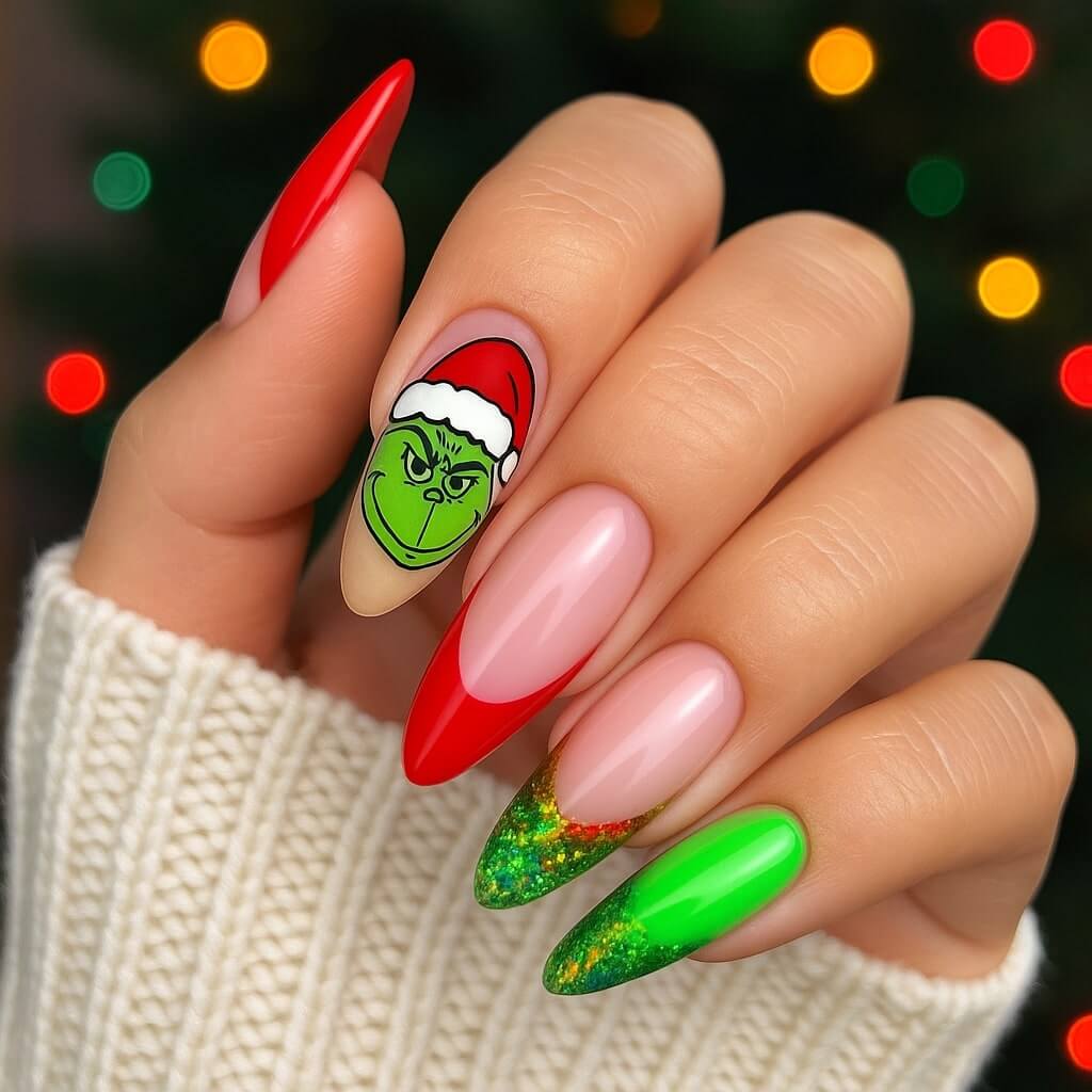 A hand with long, festive Christmas-themed nails featuring red, green, glittery designs, and an accent nail with a Grinch face wearing a Santa hat, set against blurred holiday lights.