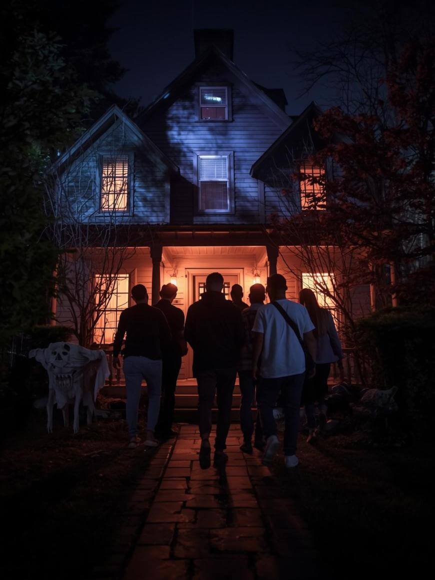 A group of people walks toward a spooky, dimly lit house at night. The house glows with eerie blue and orange lights, and a ghostly dog decoration stands on the lawn, adding to the haunted atmosphere.