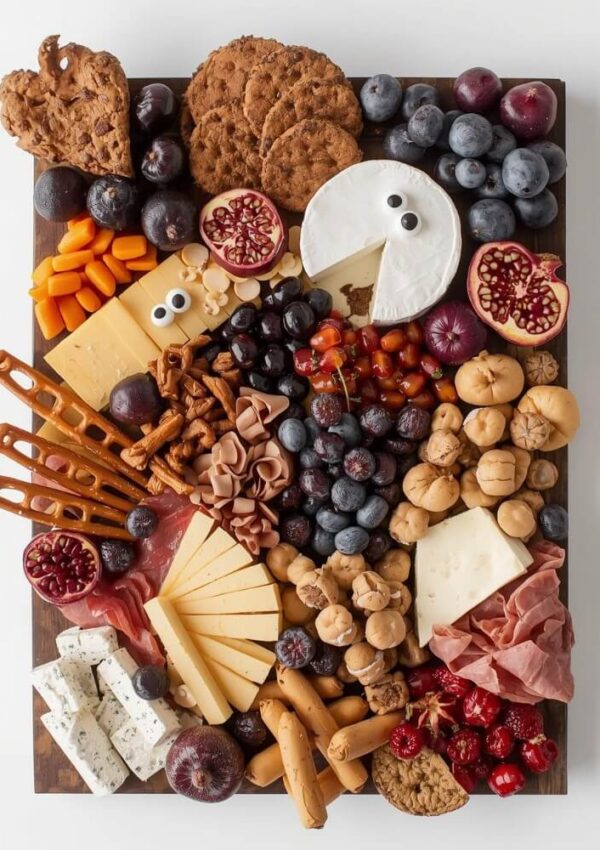 A festive charcuterie board with various cheeses, meats, fruits, pretzels, cookies, and crackers. One cheese wheel has candy eyes and a wedge cut out, resembling a spooky face.
