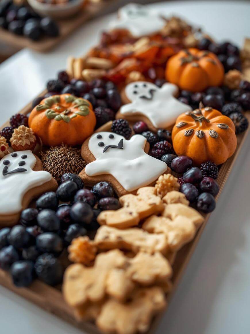 A festive platter features ghost-shaped cookies with white icing, small decorative pumpkins, dark grapes, blackberries, and assorted autumn-themed treats arranged neatly on a wooden board.