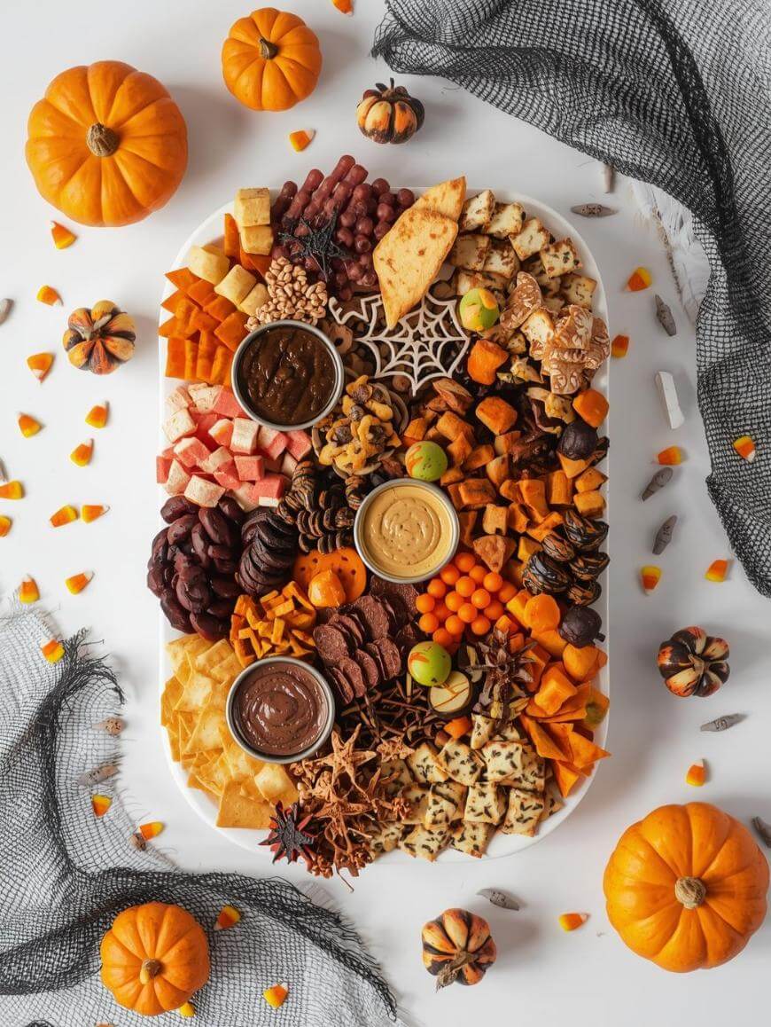 A large platter filled with assorted snacks, cheeses, dips, crackers, fruits, and Halloween-themed treats, surrounded by mini pumpkins, candy corn, and black decorative netting on a white background.