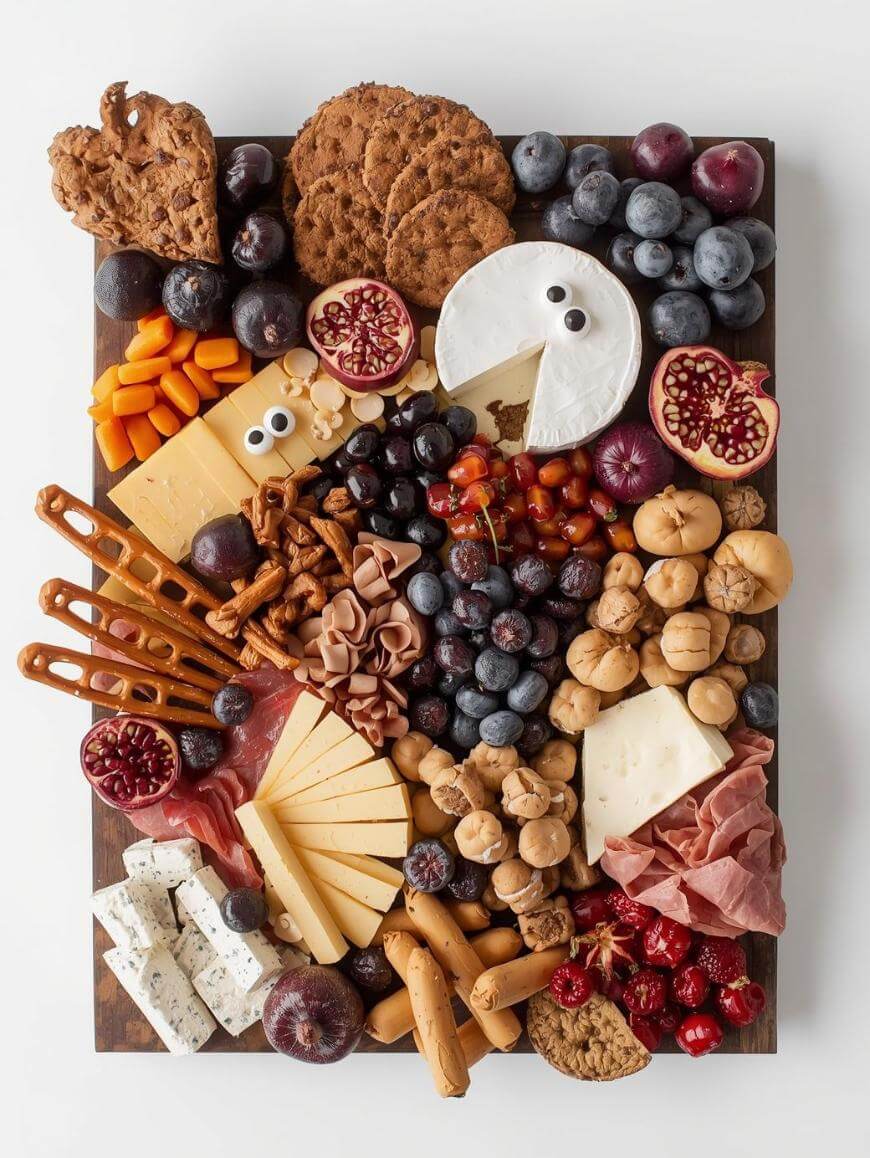A festive charcuterie board with assorted cheeses, meats, fruits, crackers, cookies, pretzels, and pomegranate halves, featuring a cheese shaped like a turkey with googly eyes and a cookie tail.