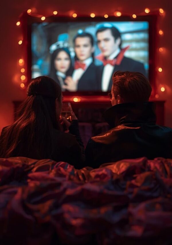Two people sit on a couch, facing a TV screen showing three actors dressed as vampires. The room is dimly lit with orange string lights, creating a cozy, atmospheric setting.