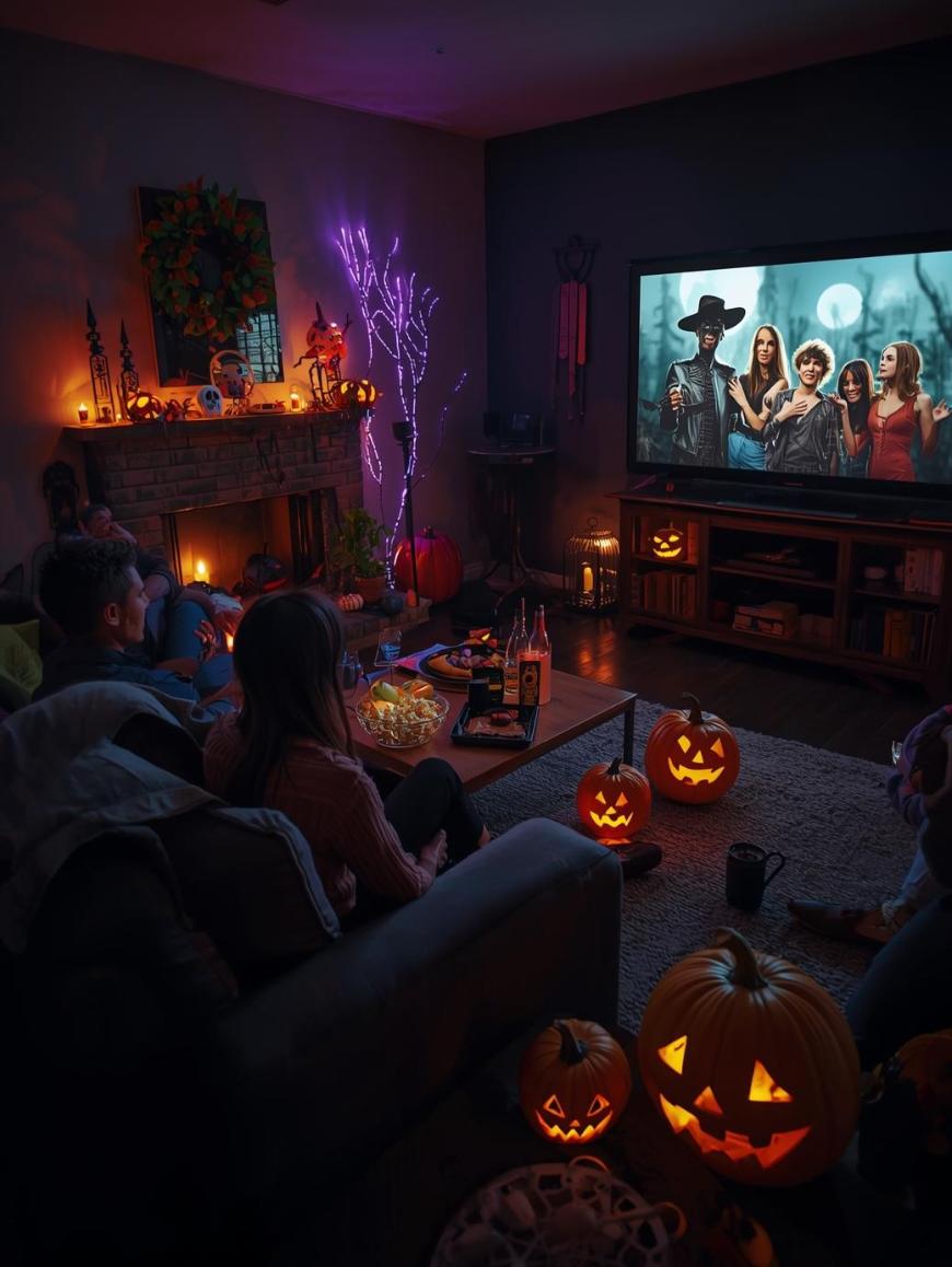 A group of people sit in a cozy, dimly lit living room decorated with glowing jack-o’-lanterns and Halloween lights, watching a spooky movie on TV. Snacks and drinks are on the table. The scene feels festive and eerie.