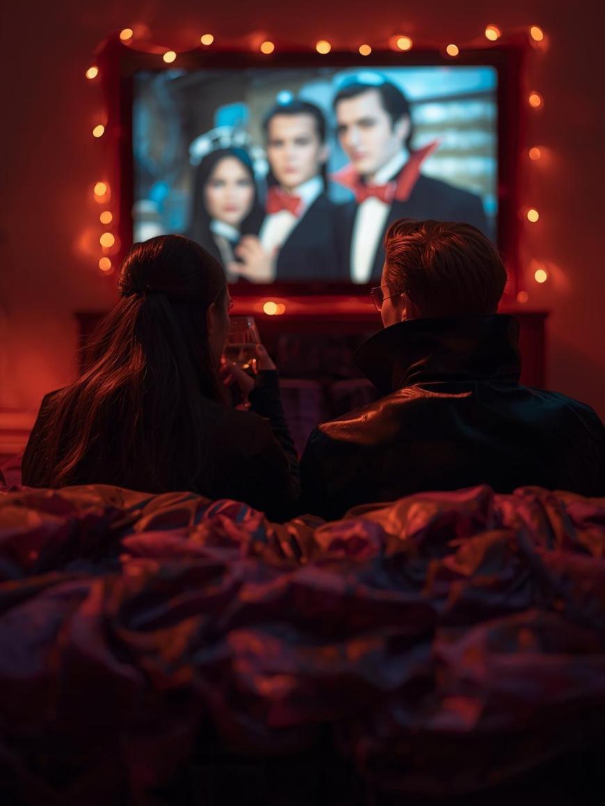 Two people sit on a couch with drinks, watching a TV screen showing three actors in vampire costumes. The room is dimly lit with orange string lights surrounding the TV.