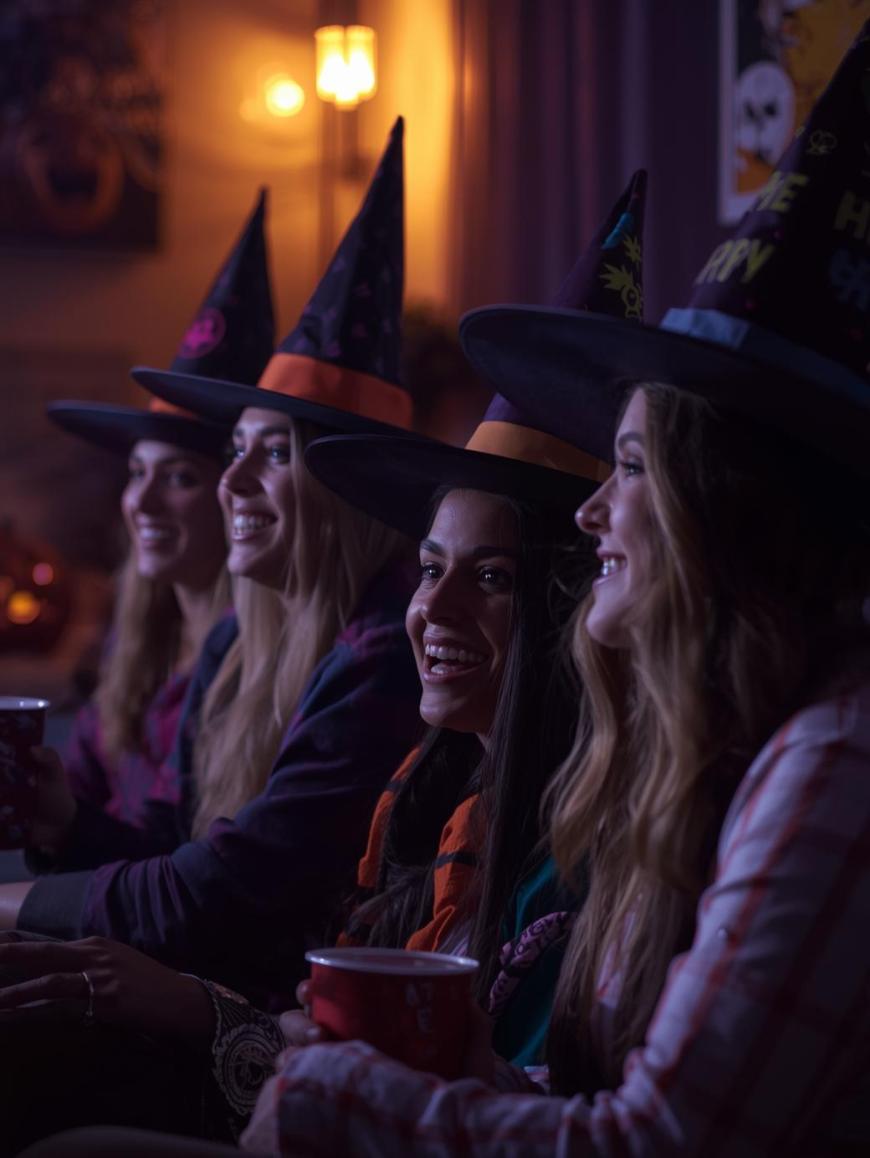 Four women wearing witch hats sit closely together indoors, smiling and holding red cups at what appears to be a festive Halloween party. Warm, dim lighting and Halloween decorations create a cozy atmosphere.