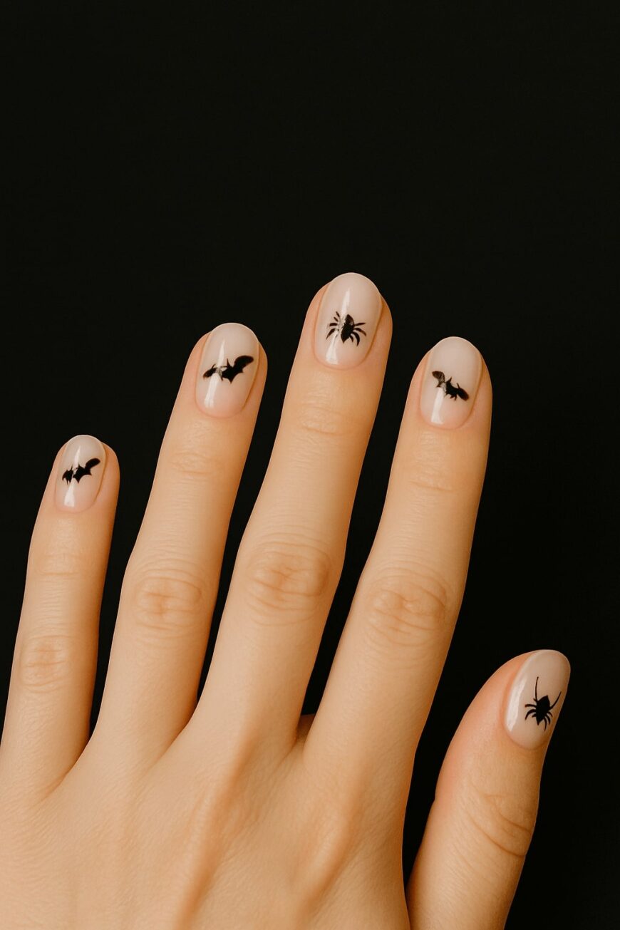 A hand with nude-colored nail polish features black Halloween-themed nail art, including bats and spiders, against a plain black background.