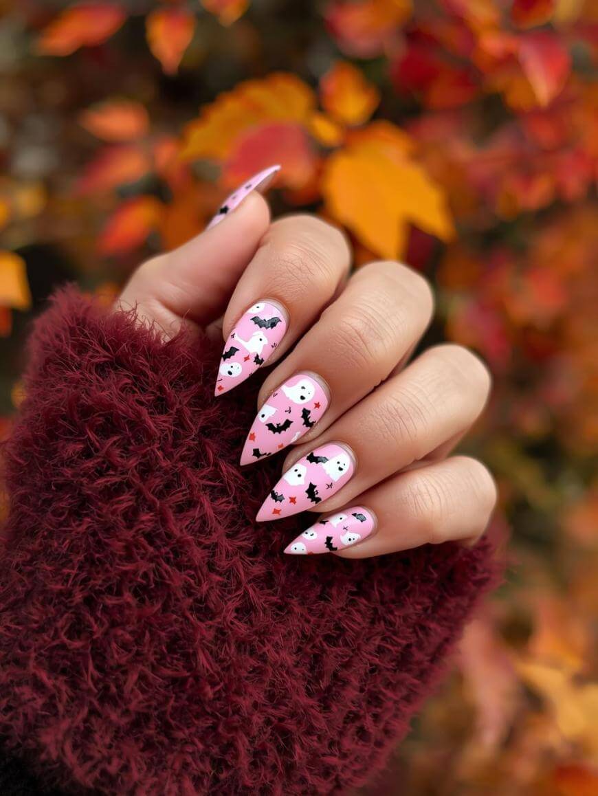 A hand with long, pointed nails painted light pink with black bats and stars, wearing a fuzzy burgundy sweater. Autumn leaves in shades of orange and red are blurred in the background.
