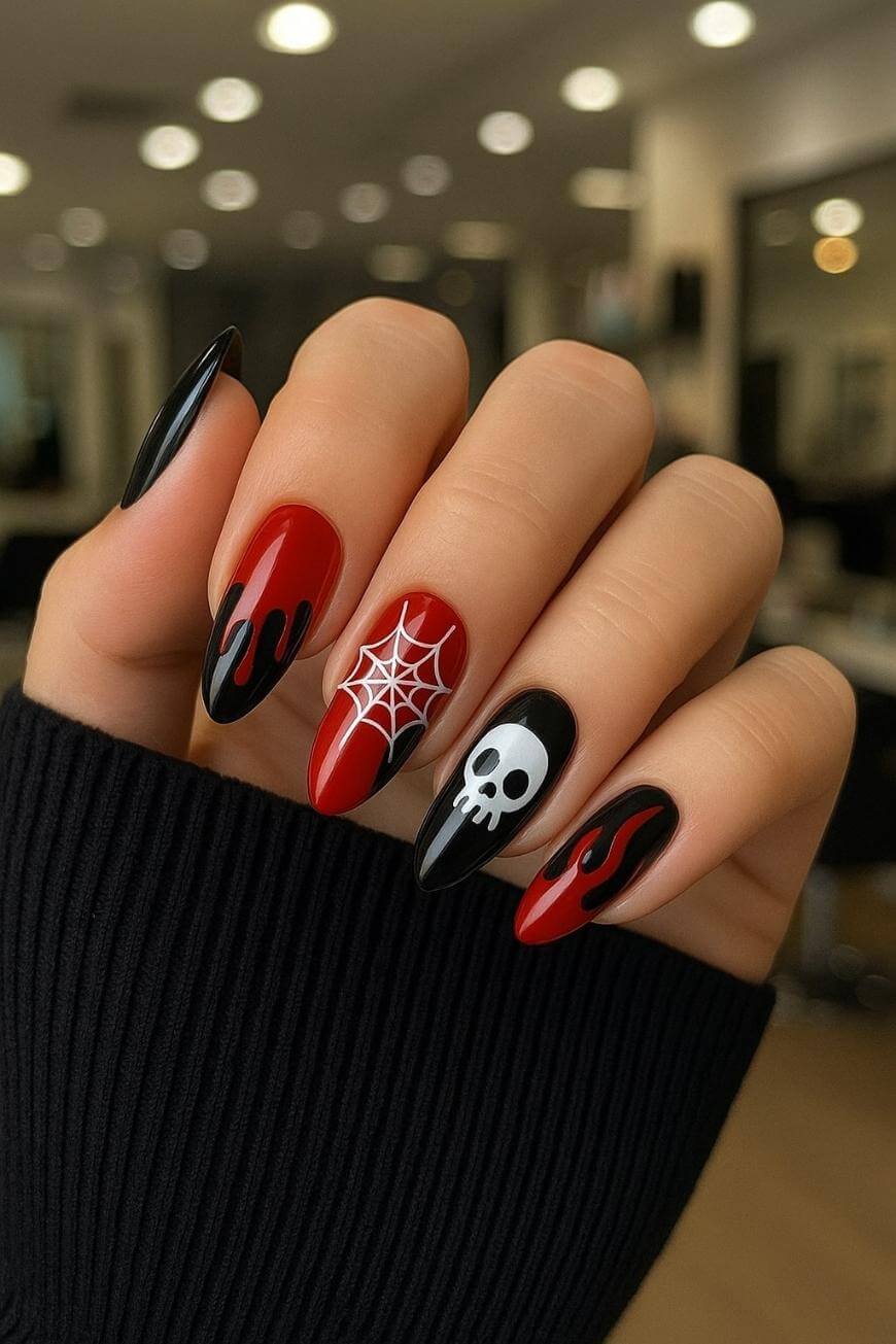 A hand with long, pointed nails features Halloween-themed nail art: black and red drips, a white spiderweb on red, and a white skull on black. The person wears a black sweater; the background is a blurred salon.