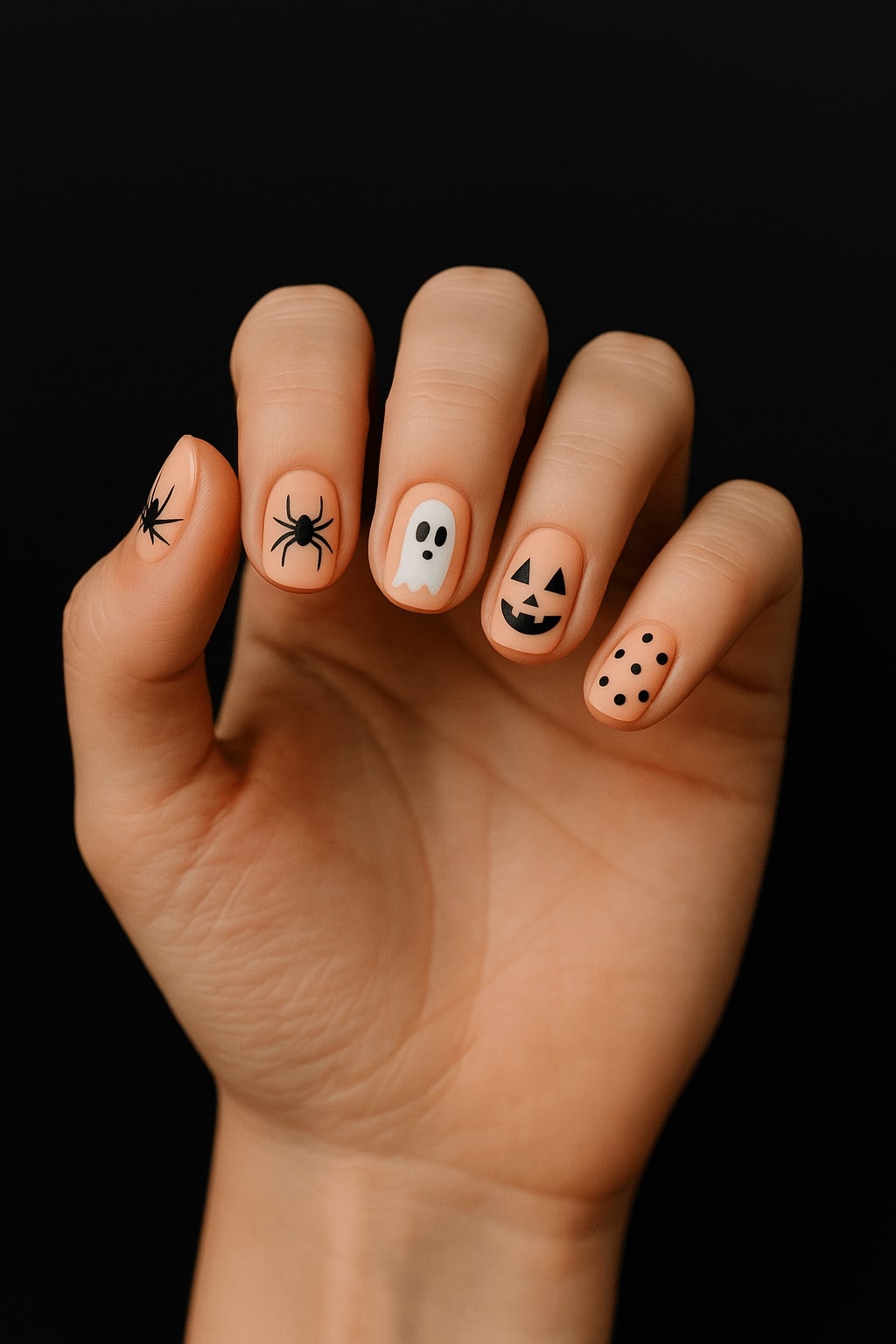 A hand with Halloween-themed nail art featuring a spider, ghost, jack-o-lantern face, polka dots, and another spider, all on a nude base against a black background.