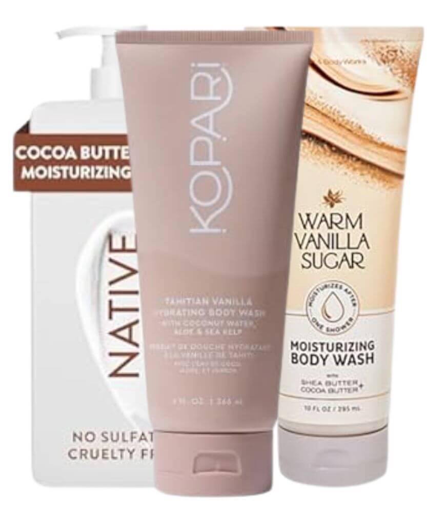 Three body wash bottles are shown: Native Cocoa Butter, Kopari Tahitian Vanilla, and Warm Vanilla Sugar. Each has a different color and design, with the product names clearly visible on the front labels.
