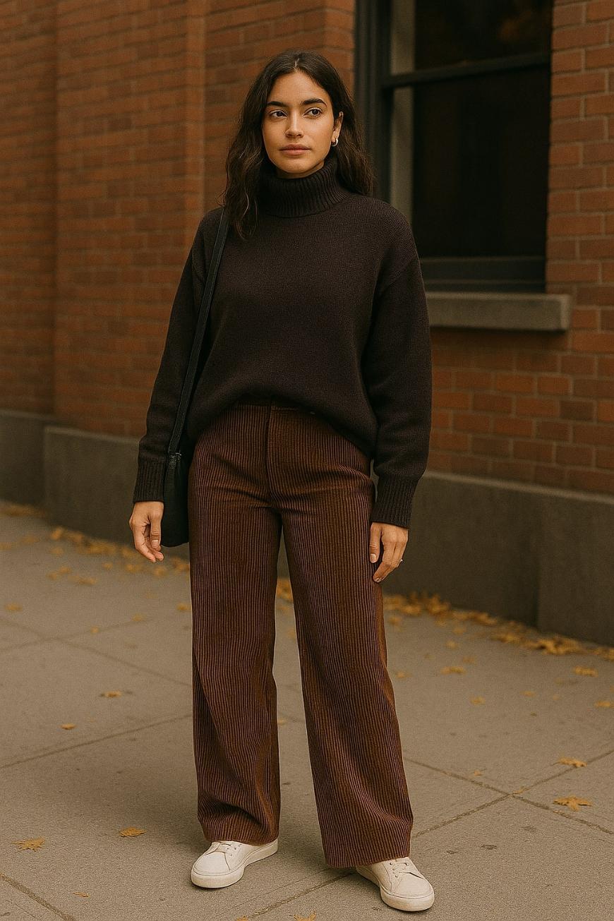 A woman stands outdoors on a sidewalk near a brick building, wearing a dark turtleneck sweater, brown corduroy pants, white sneakers, and a black shoulder bag. Fallen leaves are scattered on the ground.