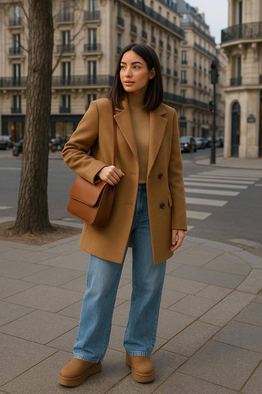 A woman stands on a city sidewalk wearing a camel coat, brown sweater, blue jeans, and tan boots. She carries a brown shoulder bag and is surrounded by classic European-style buildings.