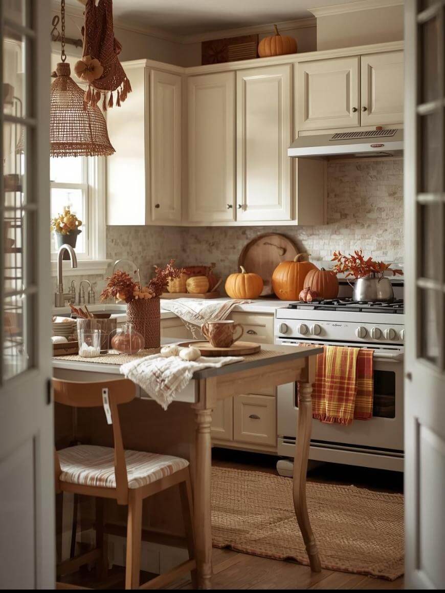 A cozy kitchen decorated for autumn with pumpkins on the counter, dried flowers in vases, plaid towels, and warm-toned accessories; sunlight gently illuminates the space, creating a welcoming atmosphere.
