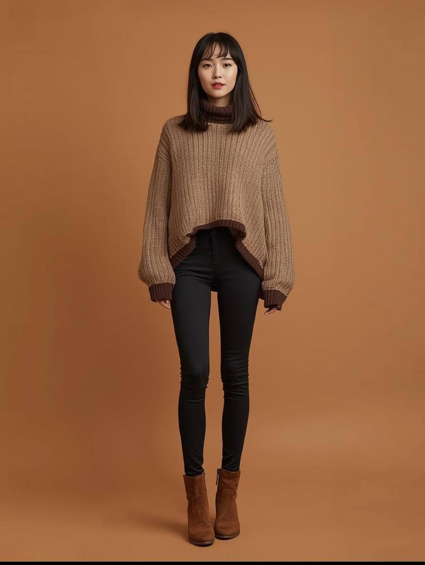 A woman stands against a brown background, wearing a loose brown knit sweater, black fitted pants, and brown ankle boots. She has straight, shoulder-length hair and a neutral expression.