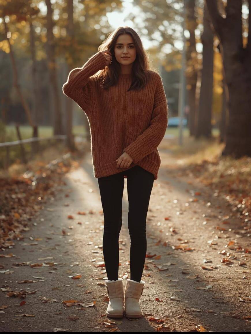 A young woman wearing a brown sweater, black leggings, and light boots stands on a leaf-covered path in a sunlit autumn forest, with one hand touching her hair.