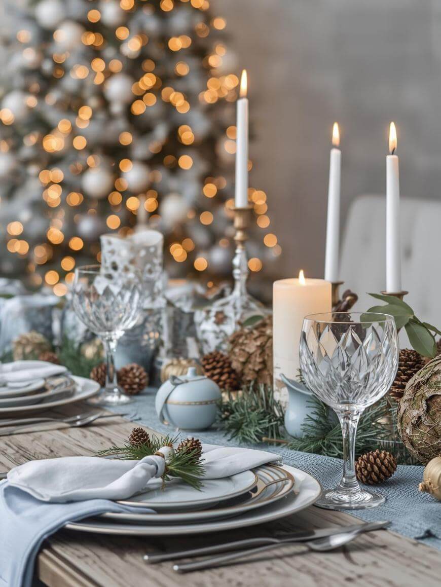 A festive holiday table is set with crystal glassware, white plates, pinecones, candles, napkins, and blue ornaments. A decorated Christmas tree with lights glows softly in the background.