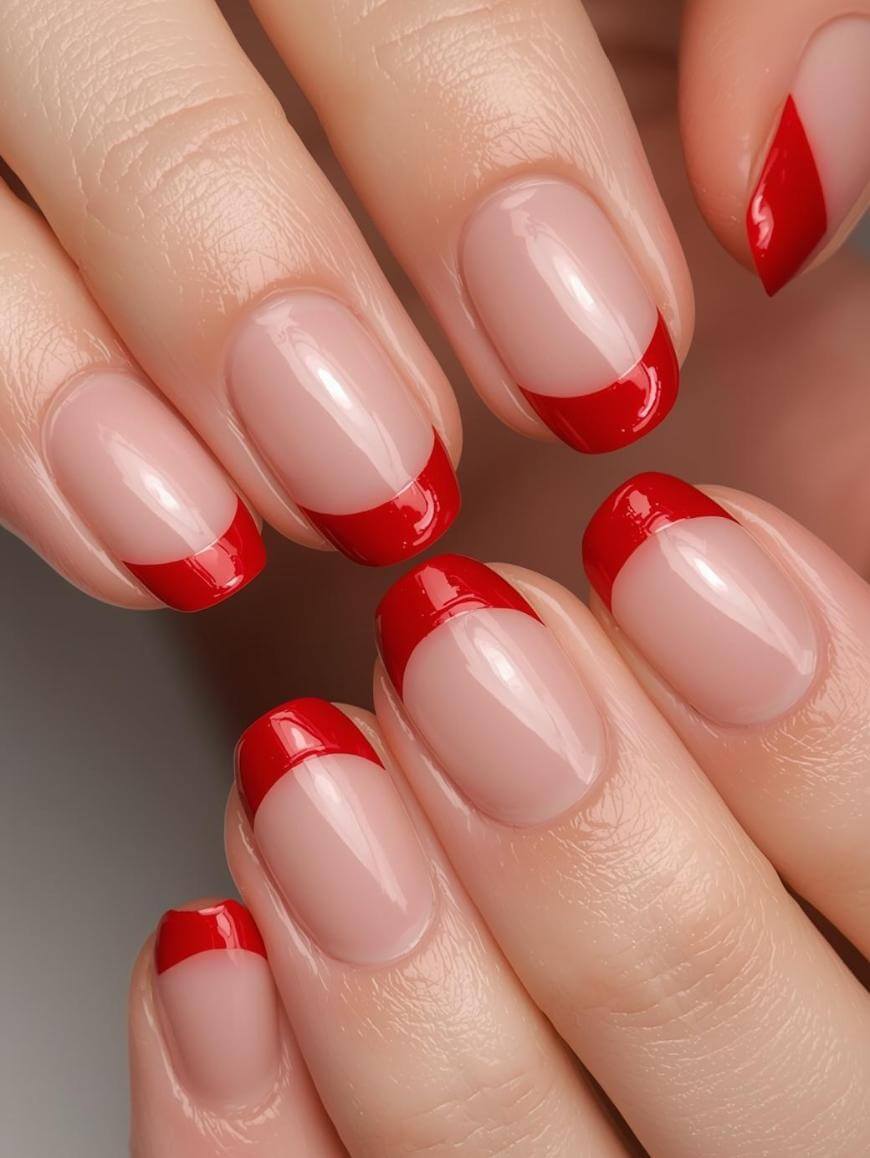 Close-up of hands with nails painted in a French manicure style, featuring a natural nude base and bold red tips. The nails are neatly shaped and glossy.