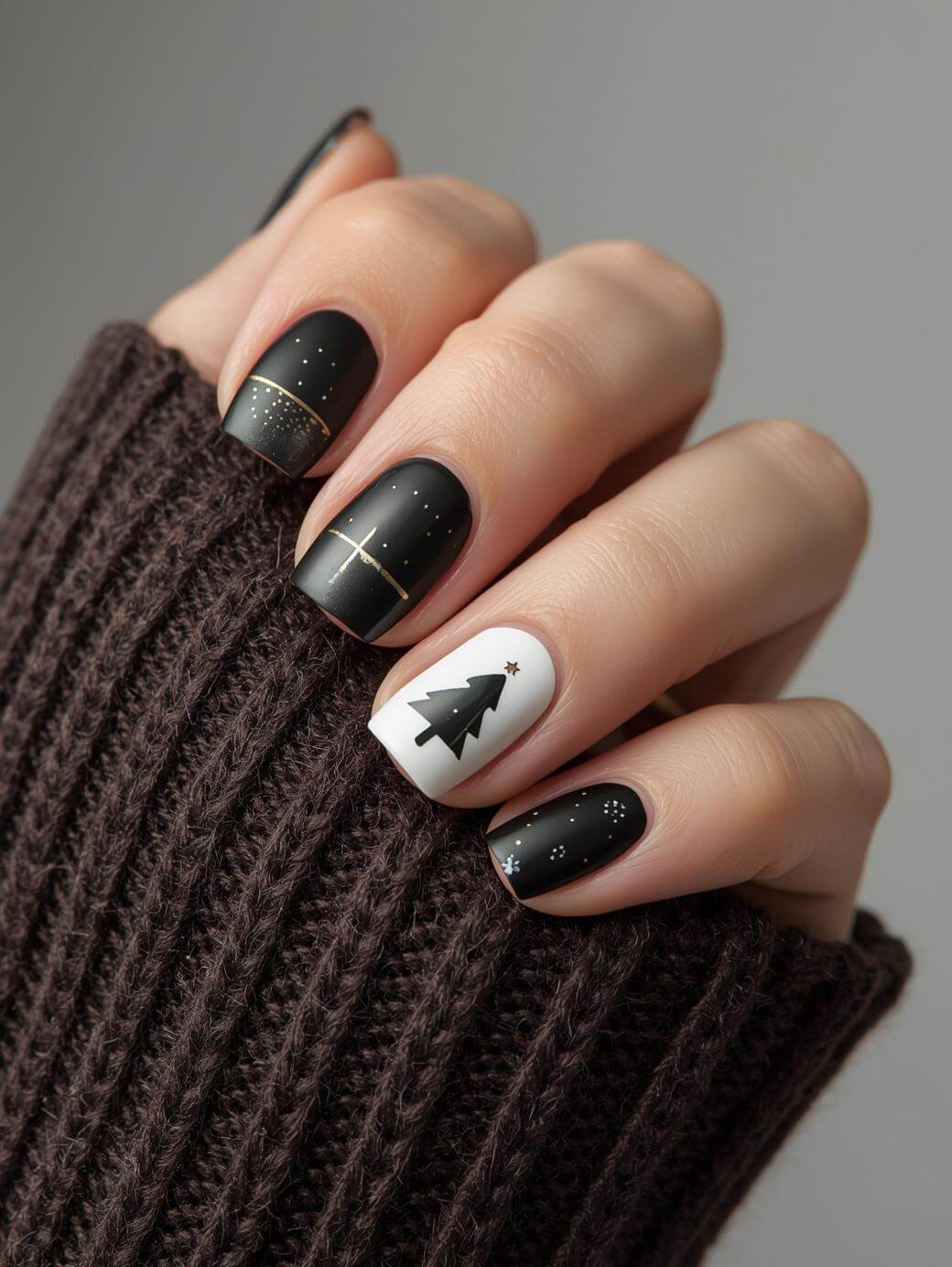 A hand with short nails painted in a festive black and white design, featuring a black Christmas tree on a white accent nail, gold stripes, and small white dots resembling snow. The hand is in a dark ribbed sweater.