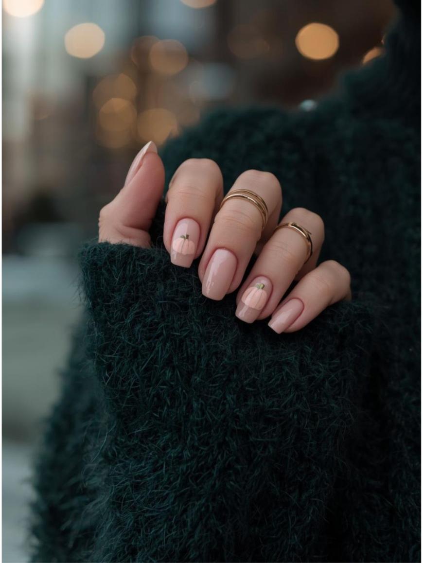 A hand with nude, almond-shaped nails featuring minimal gold and black line nail art, wearing several thin gold rings, and partially covered by a dark green, fuzzy sweater.