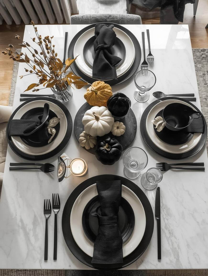 A stylish table setting with black and white plates, black cutlery and napkins, glassware, candles, and a centerpiece of assorted white, black, and yellow pumpkins and dried foliage on a white marble table.