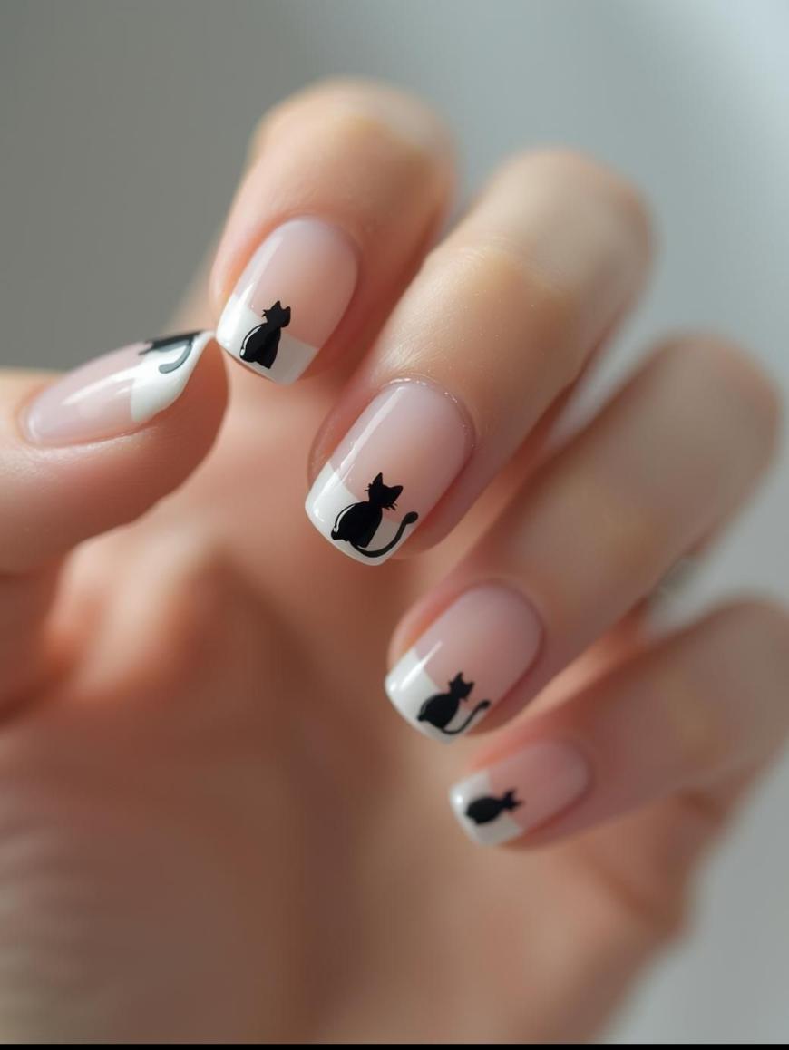 A hand with a French manicure features small black cat silhouettes painted near the tips of each nail. The nails are neatly shaped, and the cat designs add a playful, creative accent to the classic style.