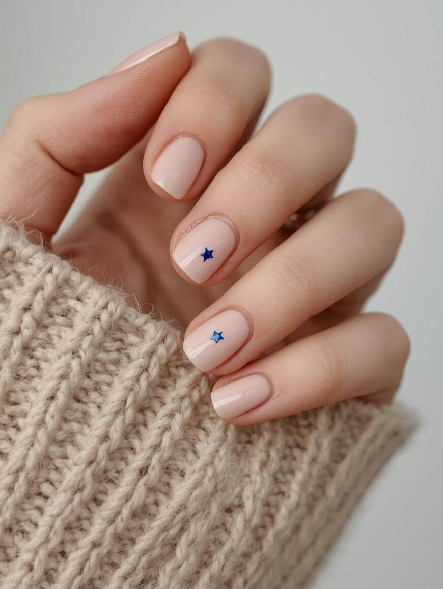 A hand with short, neatly manicured nails painted in a soft nude shade. The middle and ring fingernails feature small blue star stickers. The person is wearing a beige knitted sweater.